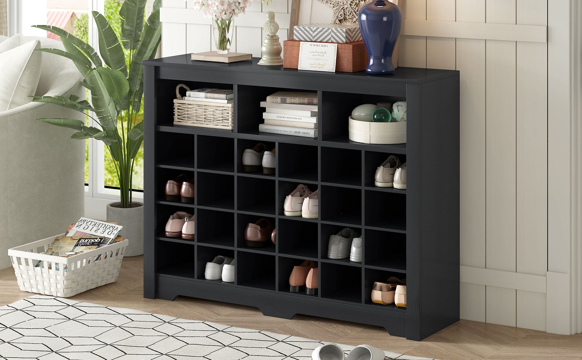 ON-TREND Sleek Design 24 Shoe Cubby Console, Modern Shoe Cabinet with Curved Base, Versatile Sideboard with High-quality image 14