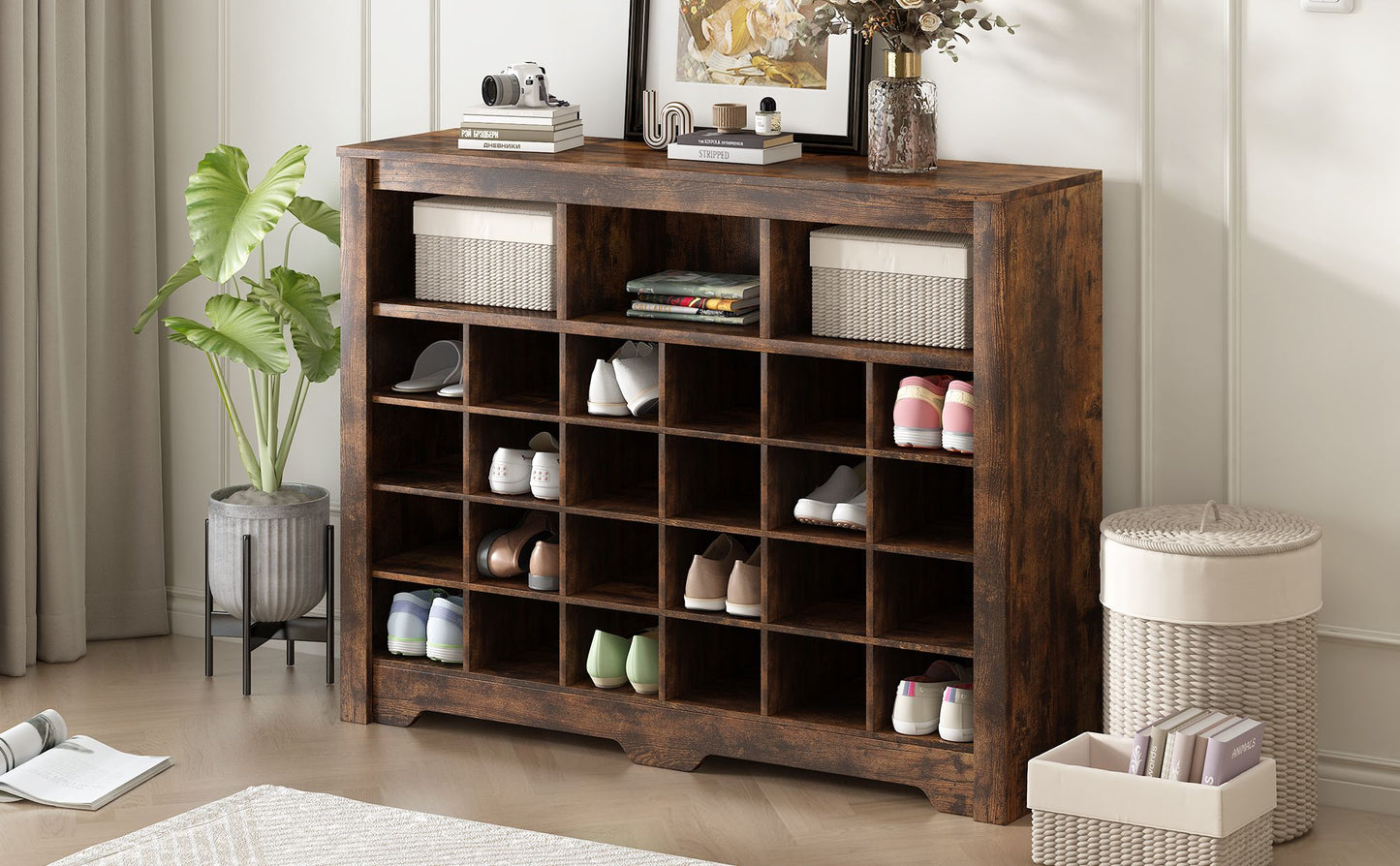 ON-TREND Sleek Design 24 Shoe Cubby Console, Modern Shoe Cabinet with Curved Base, Versatile Sideboard with High-quality image 15