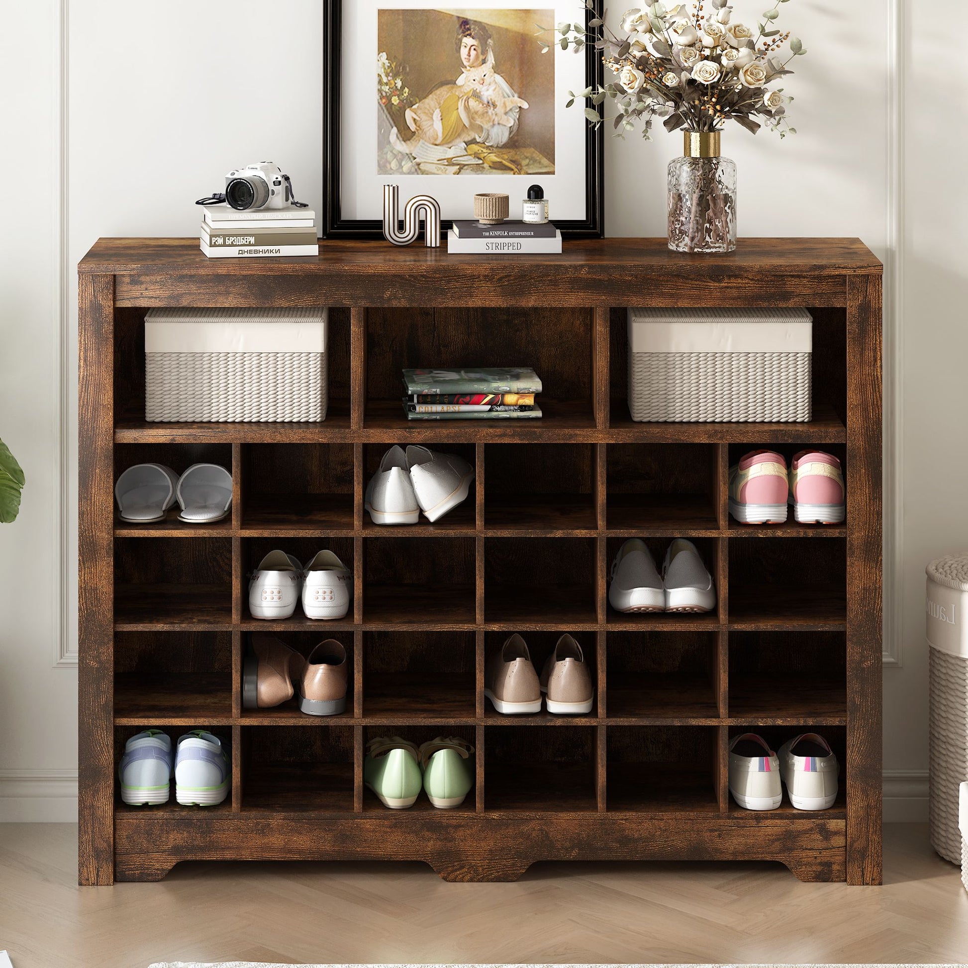 ON-TREND Sleek Design 24 Shoe Cubby Console, Modern Shoe Cabinet with Curved Base, Versatile Sideboard with High-quality image 2