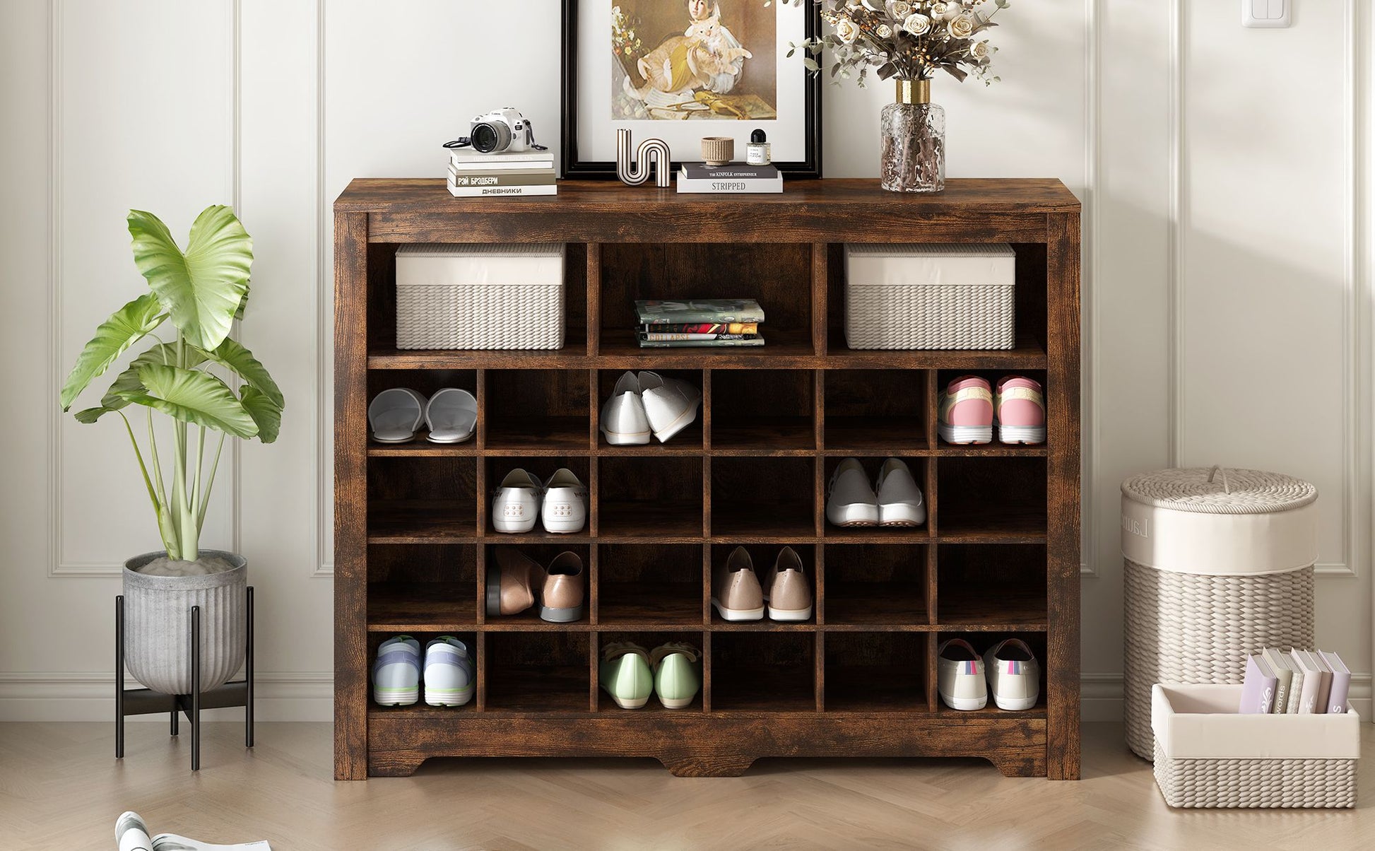 ON-TREND Sleek Design 24 Shoe Cubby Console, Modern Shoe Cabinet with Curved Base, Versatile Sideboard with High-quality image 16