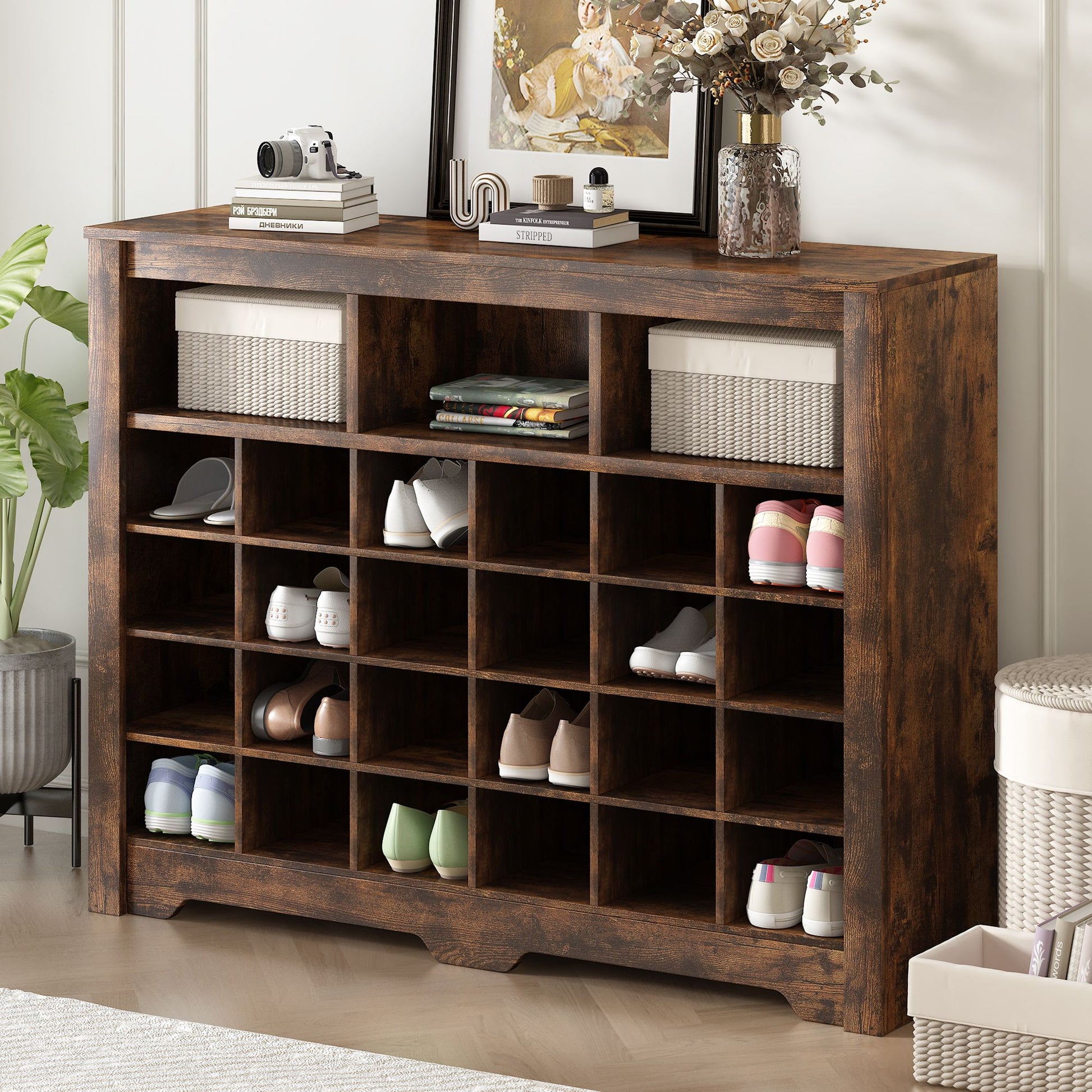 ON-TREND Sleek Design 24 Shoe Cubby Console, Modern Shoe Cabinet with Curved Base, Versatile Sideboard with High-quality image 1