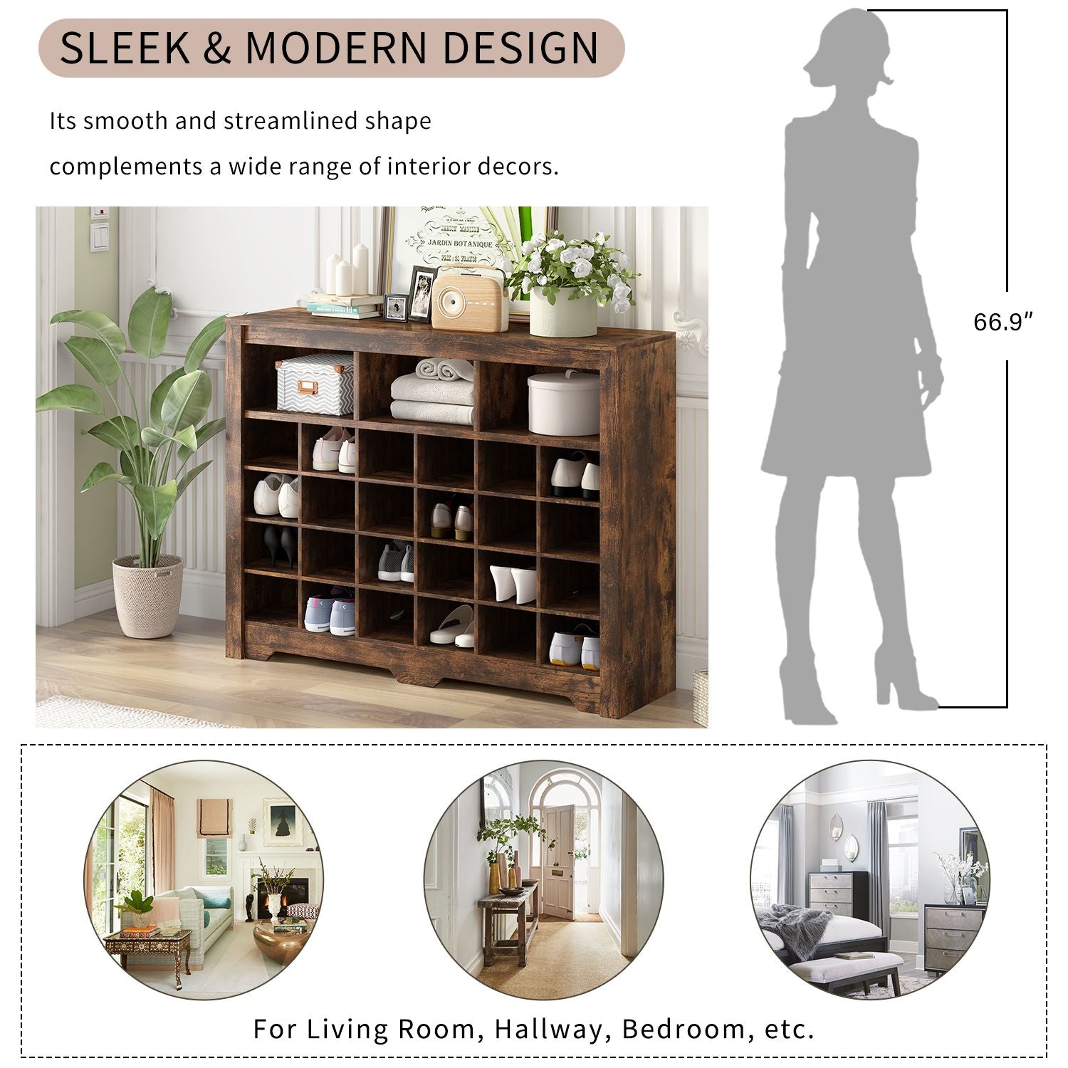 ON-TREND Sleek Design 24 Shoe Cubby Console, Modern Shoe Cabinet with Curved Base, Versatile Sideboard with High-quality image 3