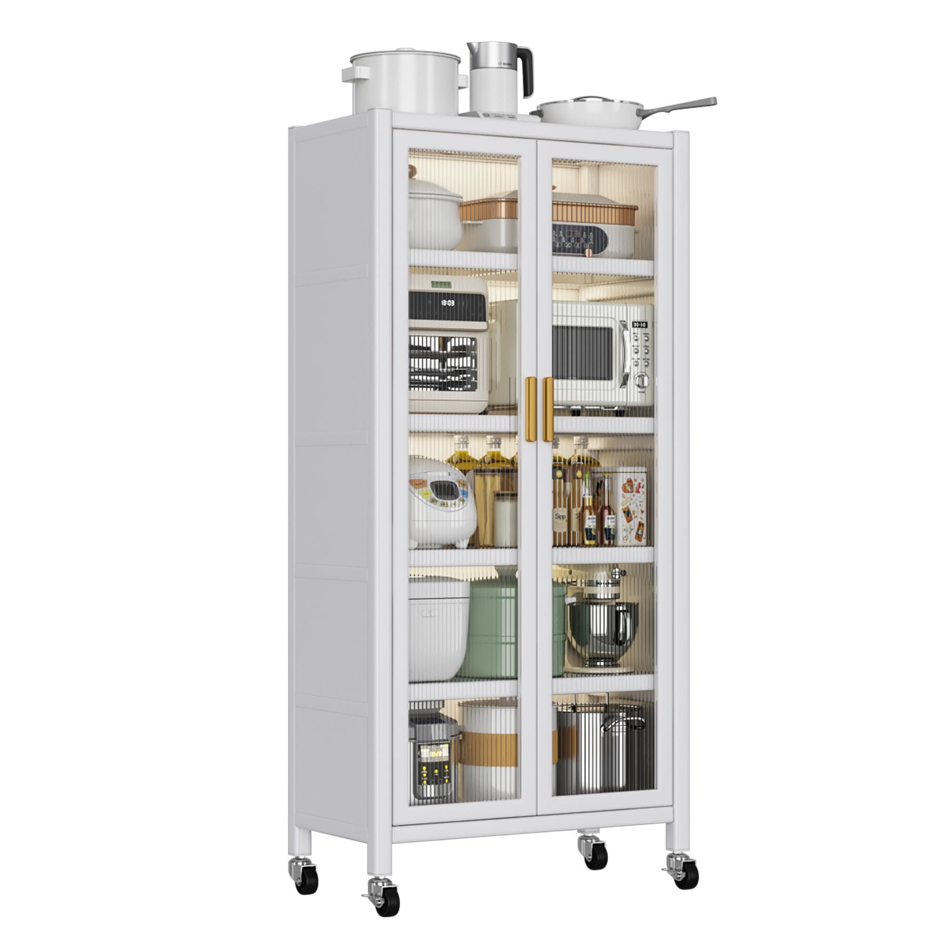 Multilevel kitchen storage cabinet with microwave and bowls organized
