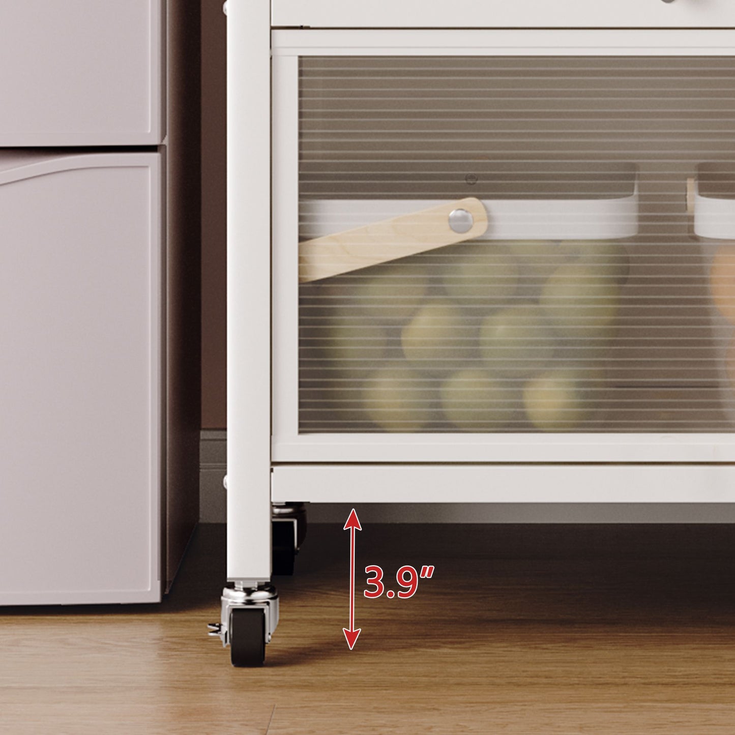 Side view of white kitchen cabinet with wheels and brakes