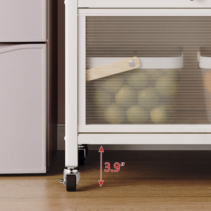 Side view of white kitchen cabinet with wheels and brakes