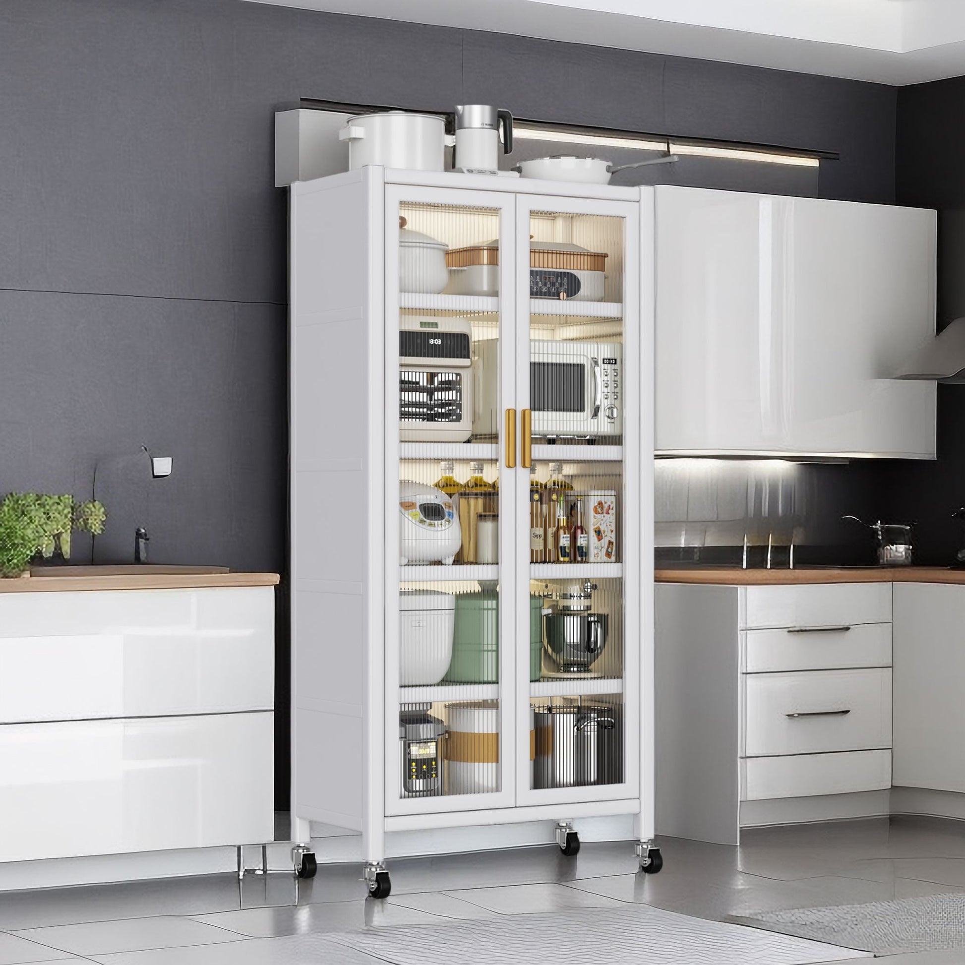 White floor-to-ceiling kitchen storage cabinet with double doors - front view