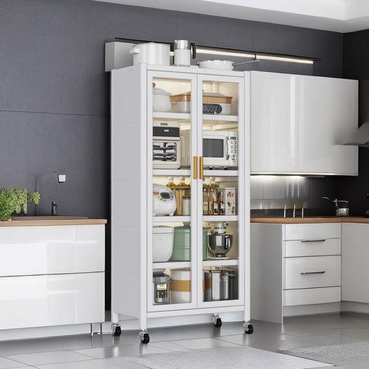 White floor-to-ceiling kitchen storage cabinet with double doors - front view