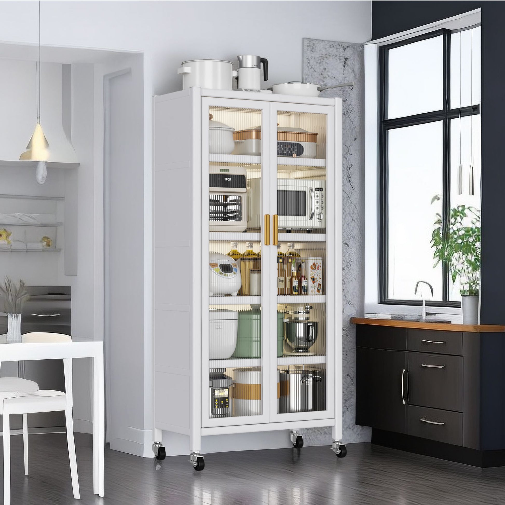 White kitchen cabinet with open doors showing interior shelves