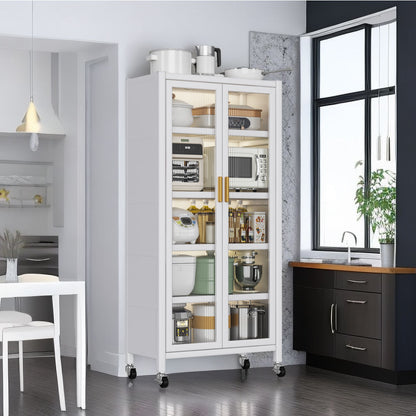 White kitchen cabinet with open doors showing interior shelves