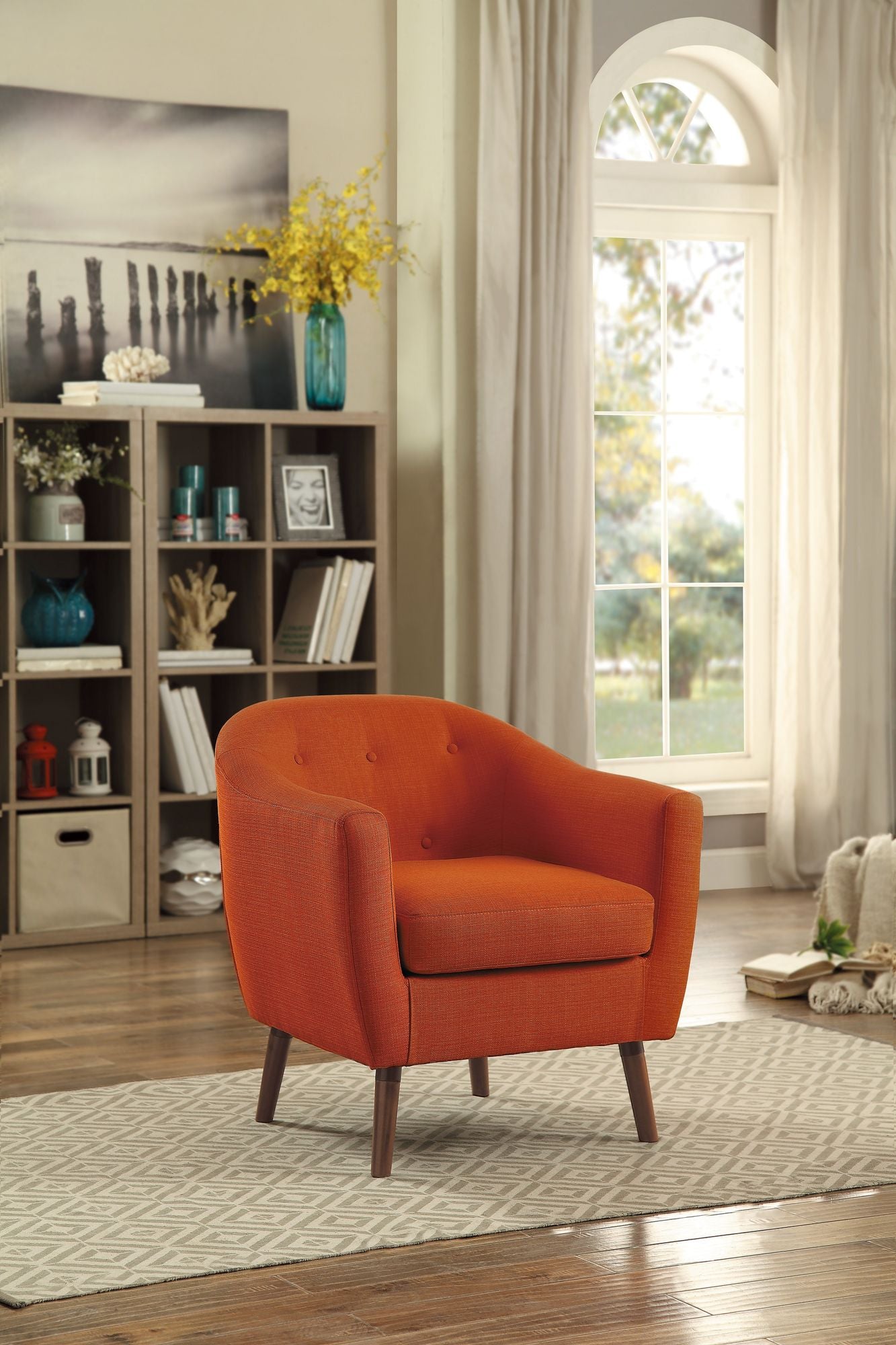 Orange Fabric Upholstered Accent Chair 1pc Espresso Finish Legs Button Tufted Solid Wood Furniture Living Room Chair image 1