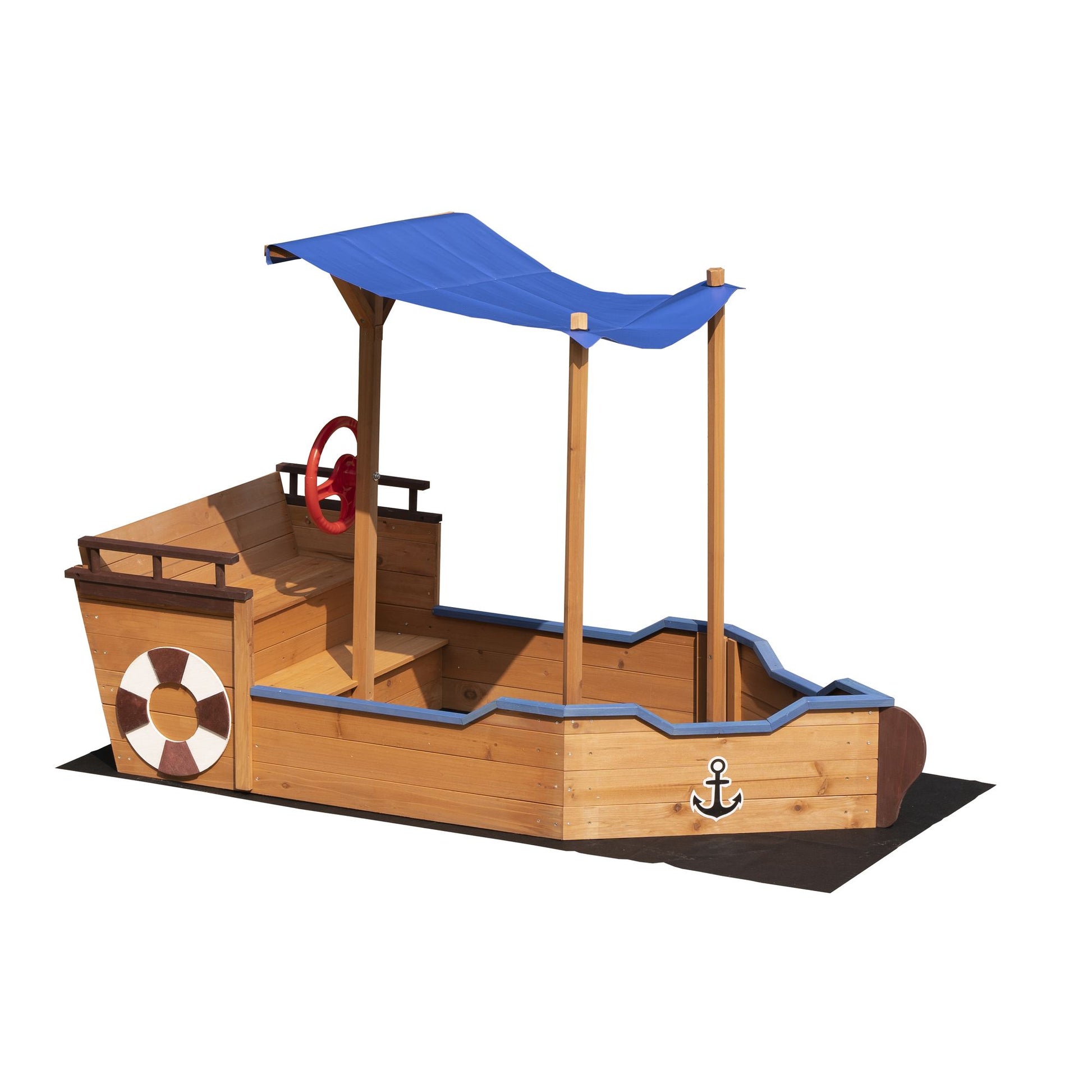 Pirate ship sandbox with lifebuoy decoration and steps