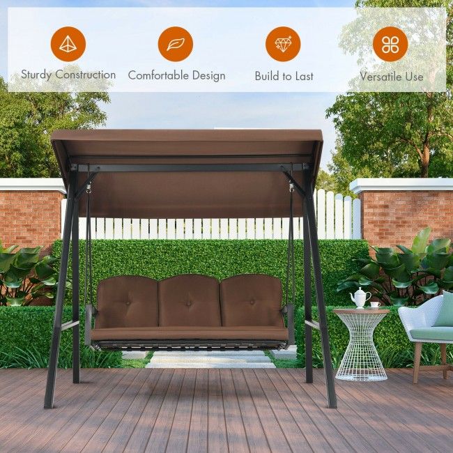 Outdoor 3-Seat Porch Swing with Adjust Canopy and Cushions image 7