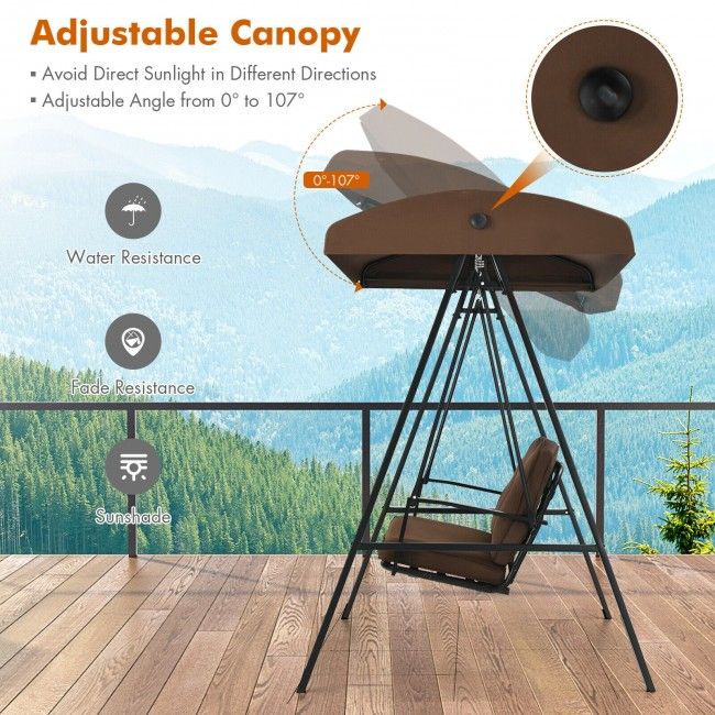 Outdoor 3-Seat Porch Swing with Adjust Canopy and Cushions image 6