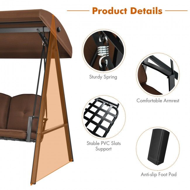 Outdoor 3-Seat Porch Swing with Adjust Canopy and Cushions image 10