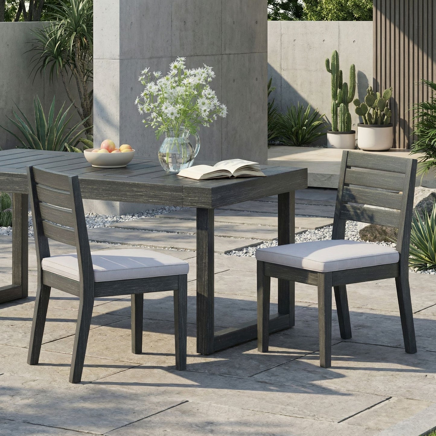 Outdoor Acacia Wood Armless Dining Chair with Cushions (Set of 2) , Sandblasted Dark Gray + Light Gray image 1