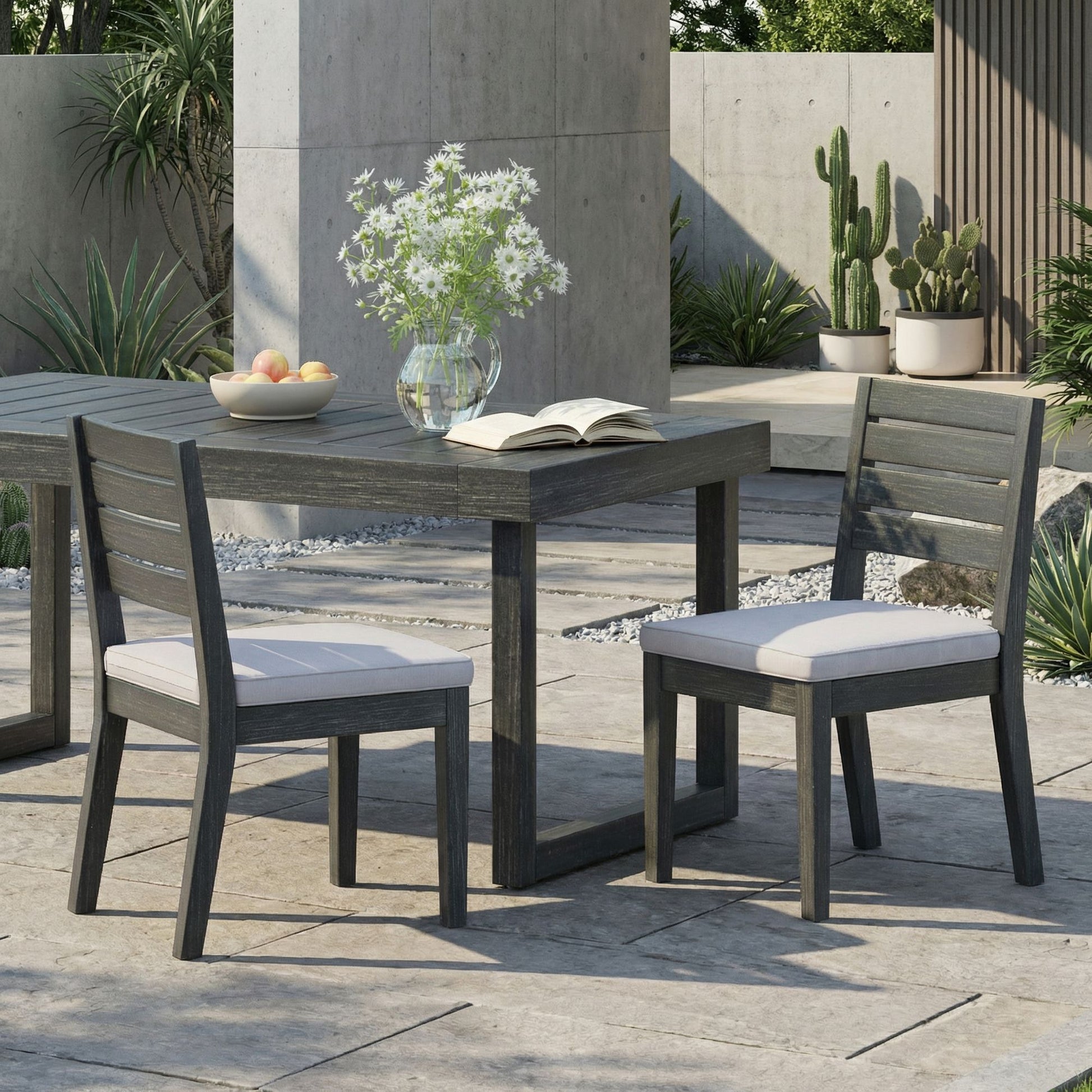 Outdoor Acacia Wood Armless Dining Chair with Cushions (Set of 2) , Sandblasted Dark Gray + Light Gray image 1