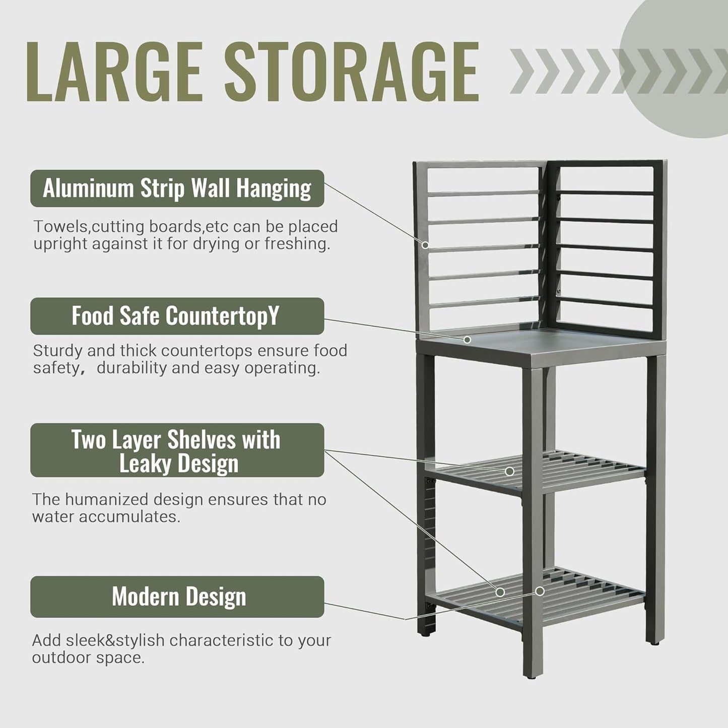 Outdoor kitchen island with protective cover and storage shelves