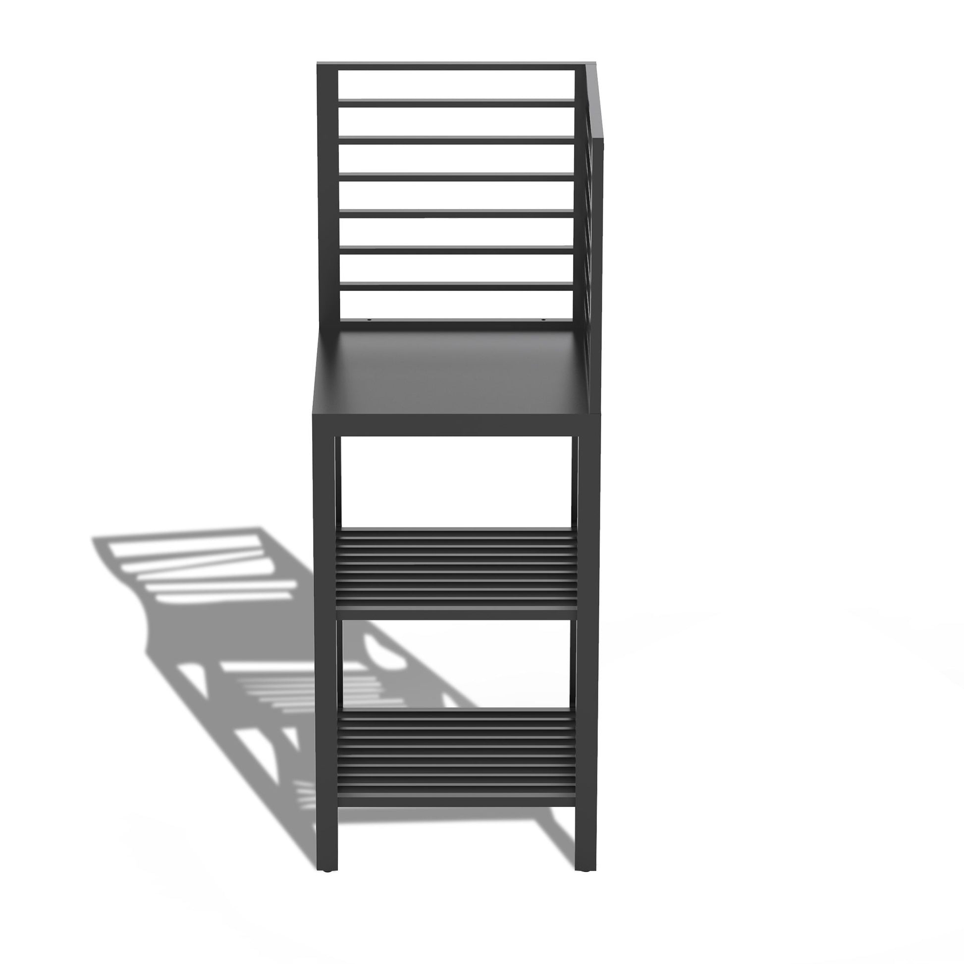 Outdoor kitchen island with aluminum frame and double storage rack on patio