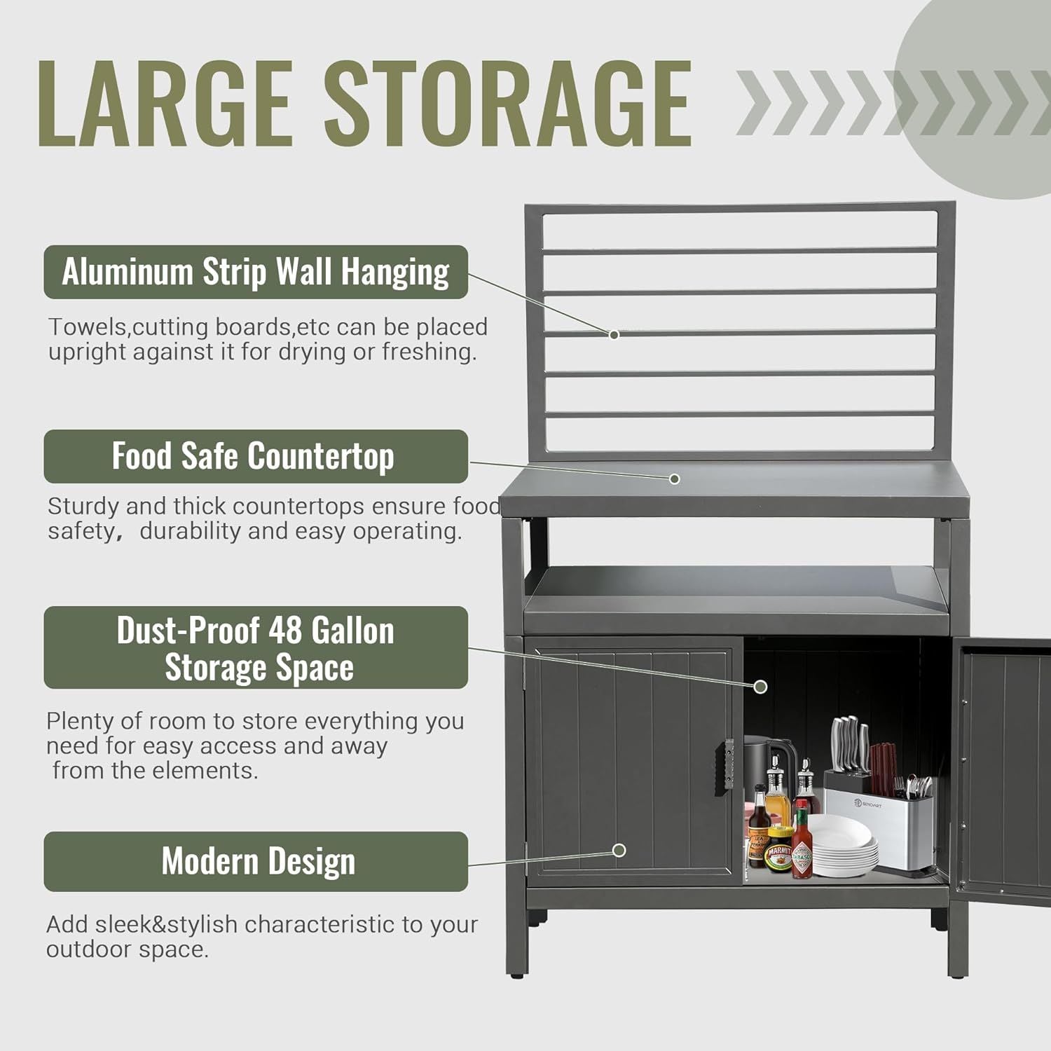 Outdoor Kitchen Island with Storage, Aluminum Kitchen Storage Island with Wall Hanging, Freestanding Grill Storage Cabin image 2