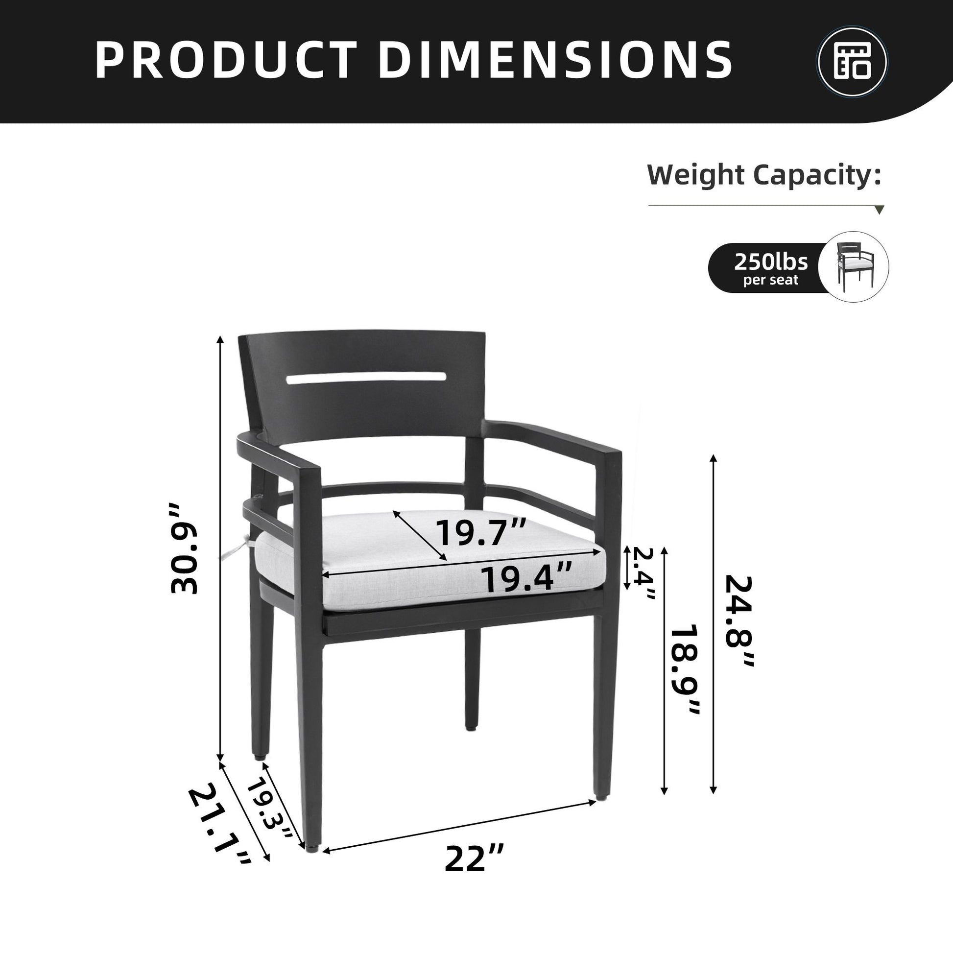 Outdoor Patio K/D Aluminum Stationary Dining Chairs 4PCS with Outdoor-grade Sunbrella Fabric Cushions, Tapered Feet, Emb image 5