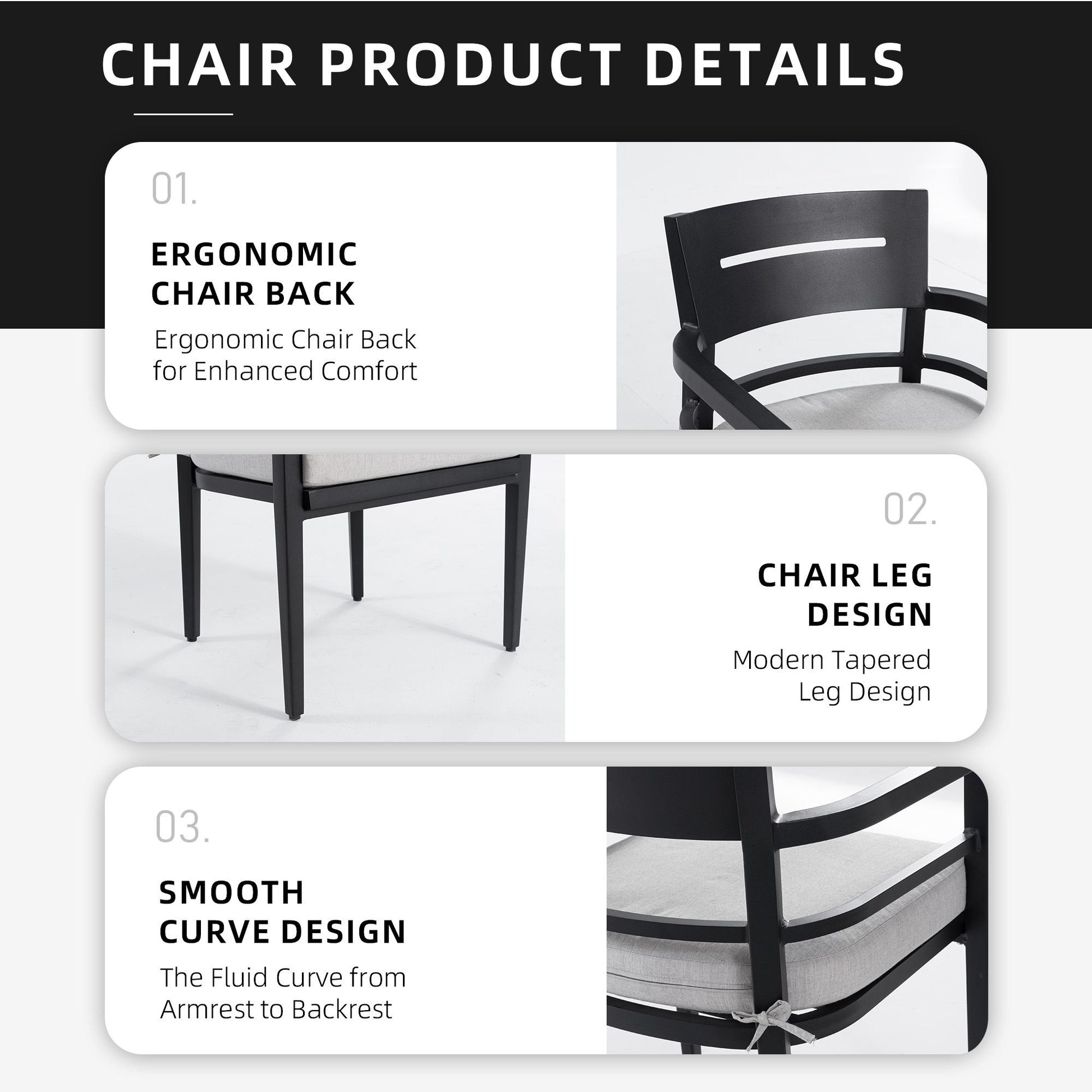 Outdoor Patio K/D Aluminum Stationary Dining Chairs 4PCS with Outdoor-grade Sunbrella Fabric Cushions, Tapered Feet, Emb image 3
