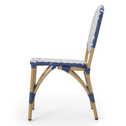 Outdoor PE Ratten and Aluminum French Armless Bistro Chairs, Set of 2, Navy Blue, Bamboo Print Finish image 9