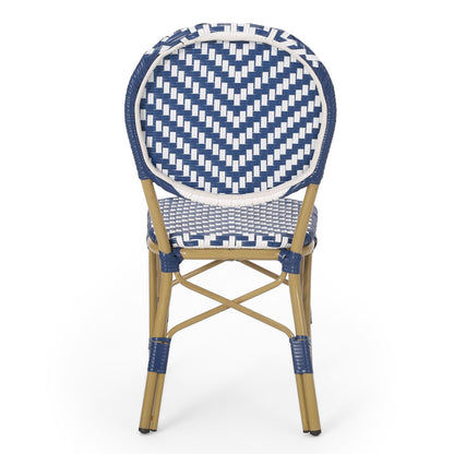 Outdoor PE Ratten and Aluminum French Armless Bistro Chairs, Set of 2, Navy Blue, Bamboo Print Finish image 11