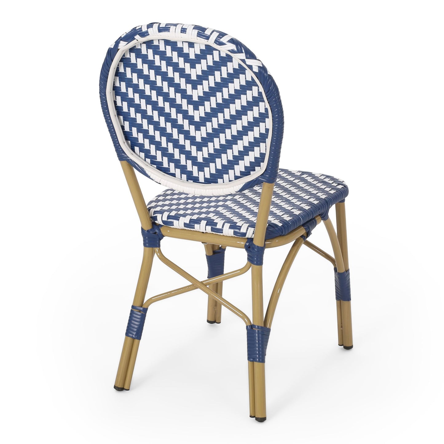 Outdoor PE Ratten and Aluminum French Armless Bistro Chairs, Set of 2, Navy Blue, Bamboo Print Finish image 8