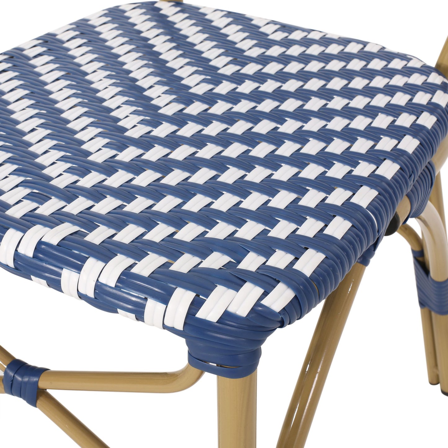 Outdoor PE Ratten and Aluminum French Armless Bistro Chairs, Set of 2, Navy Blue, Bamboo Print Finish image 14