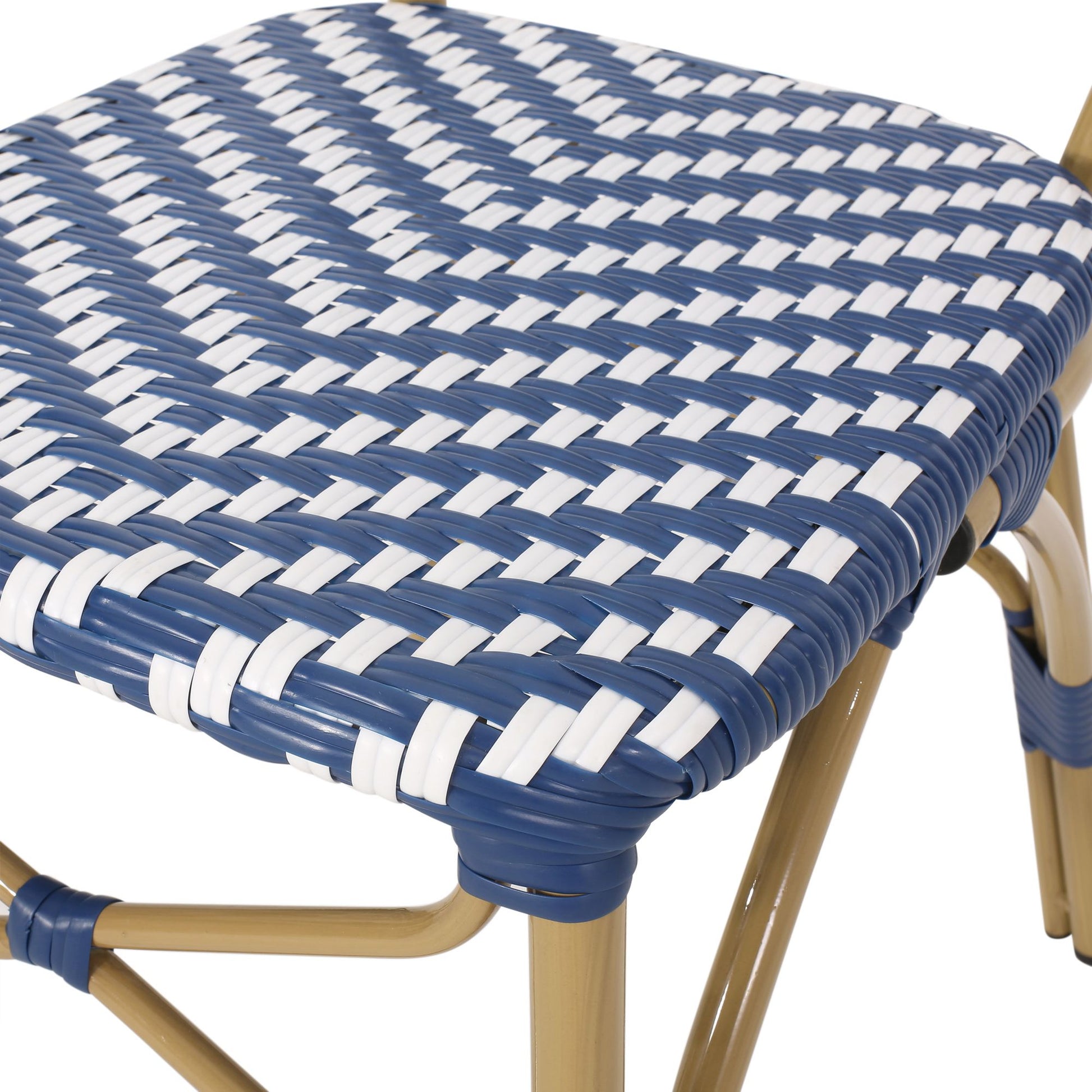 Outdoor PE Ratten and Aluminum French Armless Bistro Chairs, Set of 2, Navy Blue, Bamboo Print Finish image 14