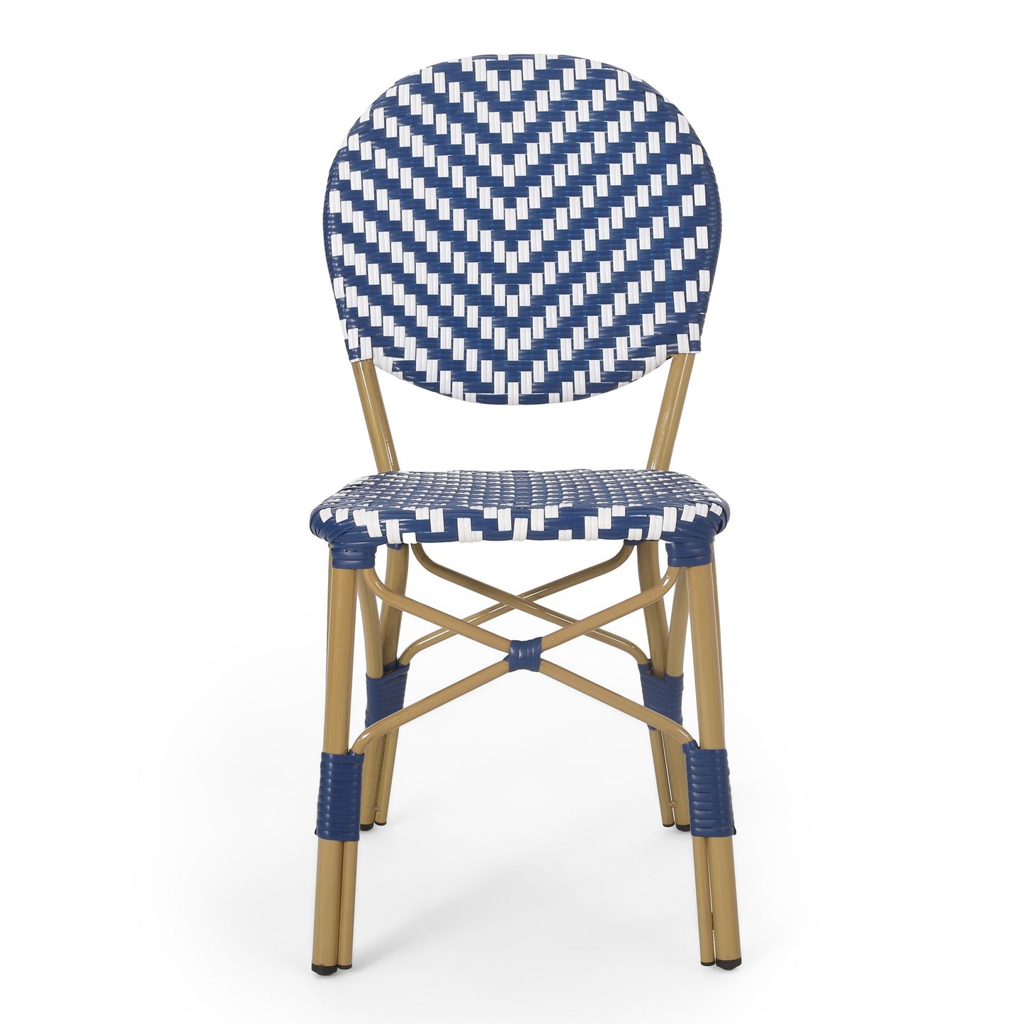 Outdoor PE Ratten and Aluminum French Armless Bistro Chairs, Set of 2, Navy Blue, Bamboo Print Finish image 6