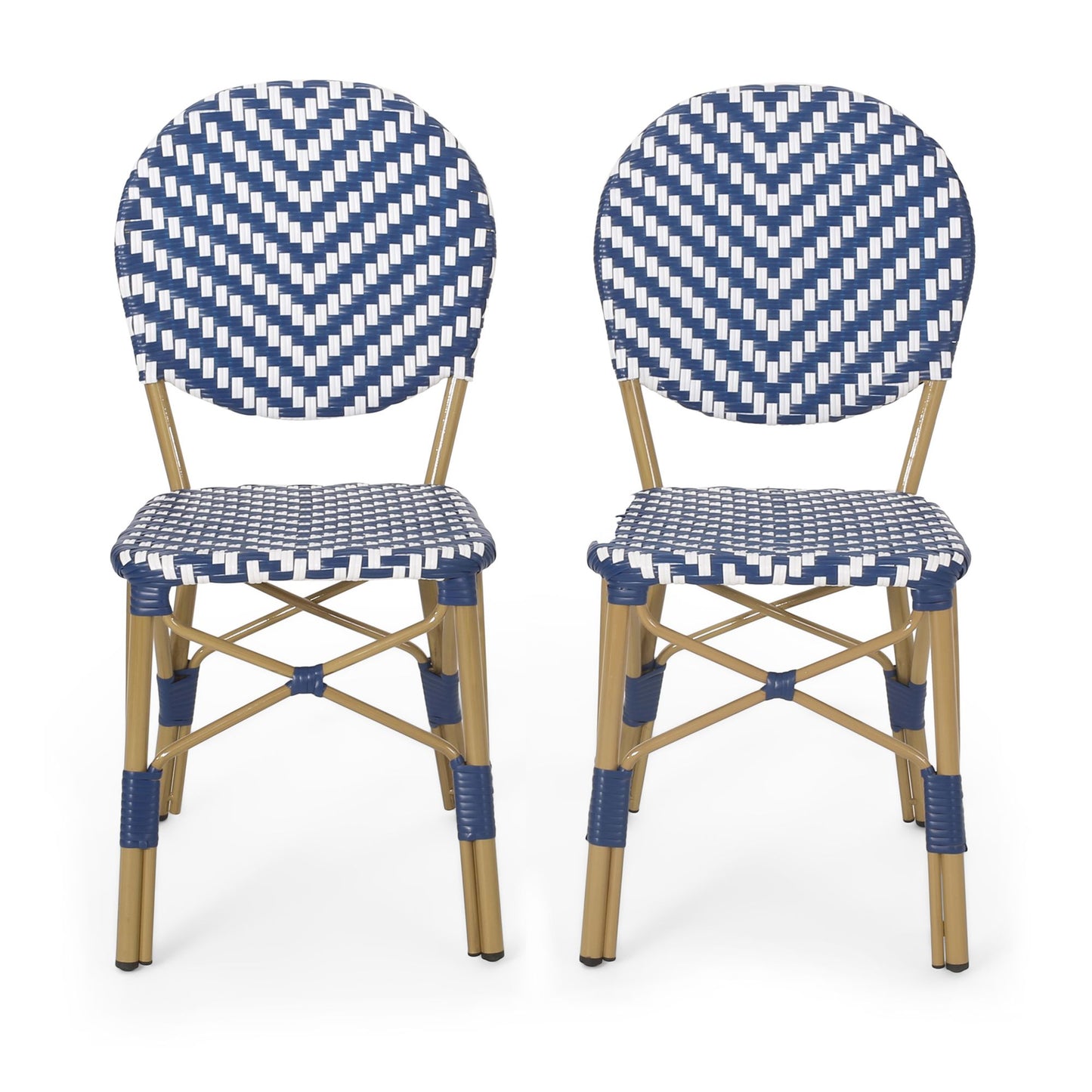 Outdoor PE Ratten and Aluminum French Armless Bistro Chairs, Set of 2, Navy Blue, Bamboo Print Finish image 2