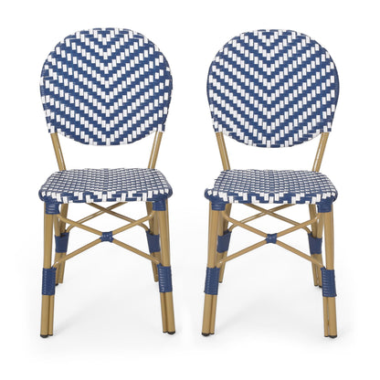 Outdoor PE Ratten and Aluminum French Armless Bistro Chairs, Set of 2, Navy Blue, Bamboo Print Finish image 2