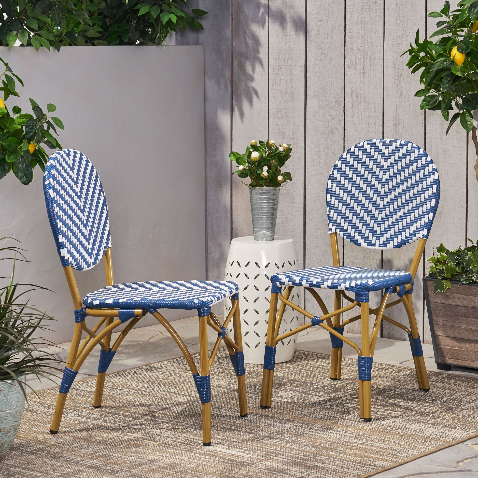 Outdoor PE Ratten and Aluminum French Armless Bistro Chairs, Set of 2, Navy Blue, Bamboo Print Finish image 4
