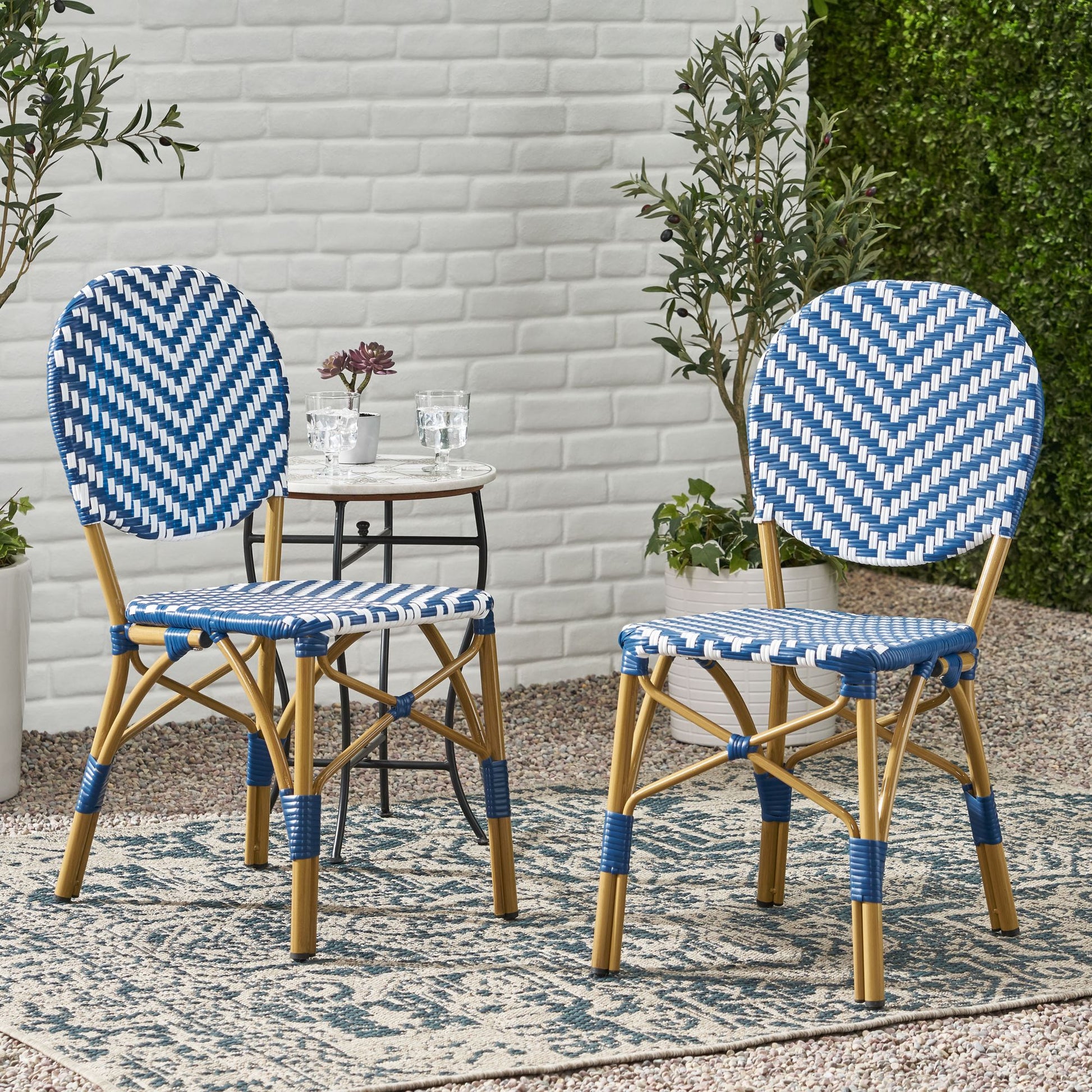 Outdoor PE Ratten and Aluminum French Armless Bistro Chairs, Set of 2, Navy Blue, Bamboo Print Finish image 3