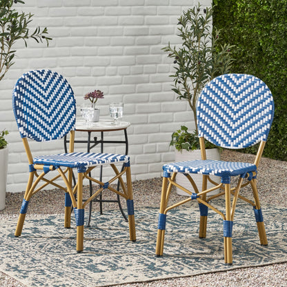 Outdoor PE Ratten and Aluminum French Armless Bistro Chairs, Set of 2, Navy Blue, Bamboo Print Finish image 3