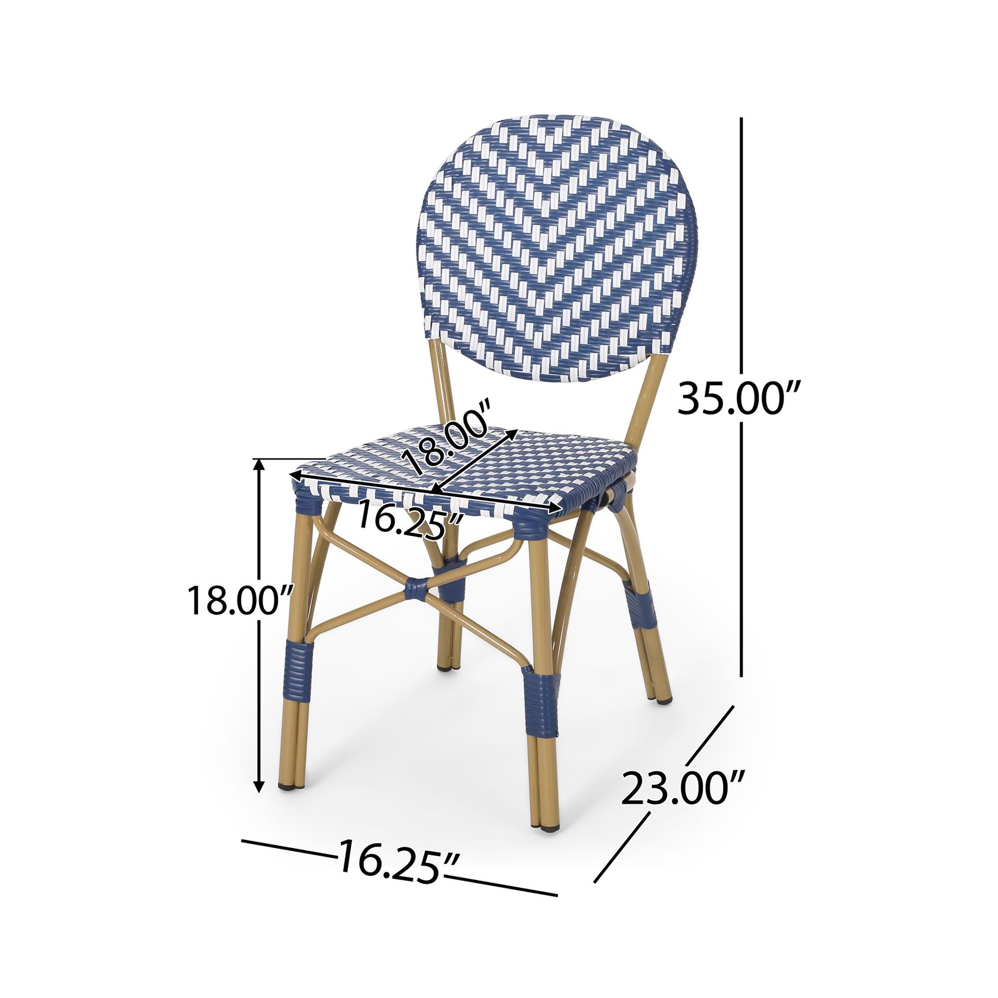 Outdoor PE Ratten and Aluminum French Armless Bistro Chairs, Set of 2, Navy Blue, Bamboo Print Finish image 5