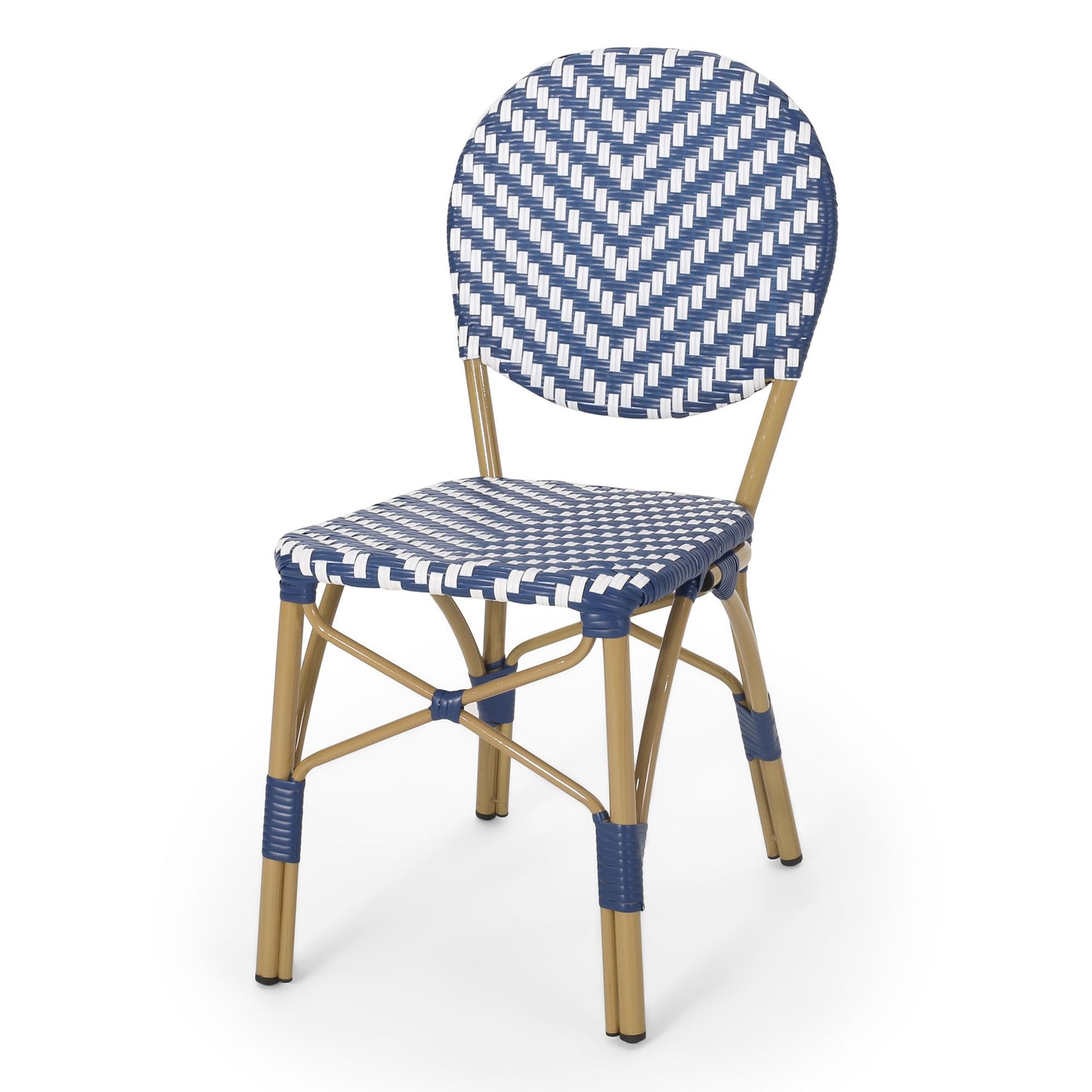Outdoor PE Ratten and Aluminum French Armless Bistro Chairs, Set of 2, Navy Blue, Bamboo Print Finish image 7