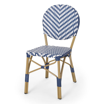 Outdoor PE Ratten and Aluminum French Armless Bistro Chairs, Set of 2, Navy Blue, Bamboo Print Finish image 7