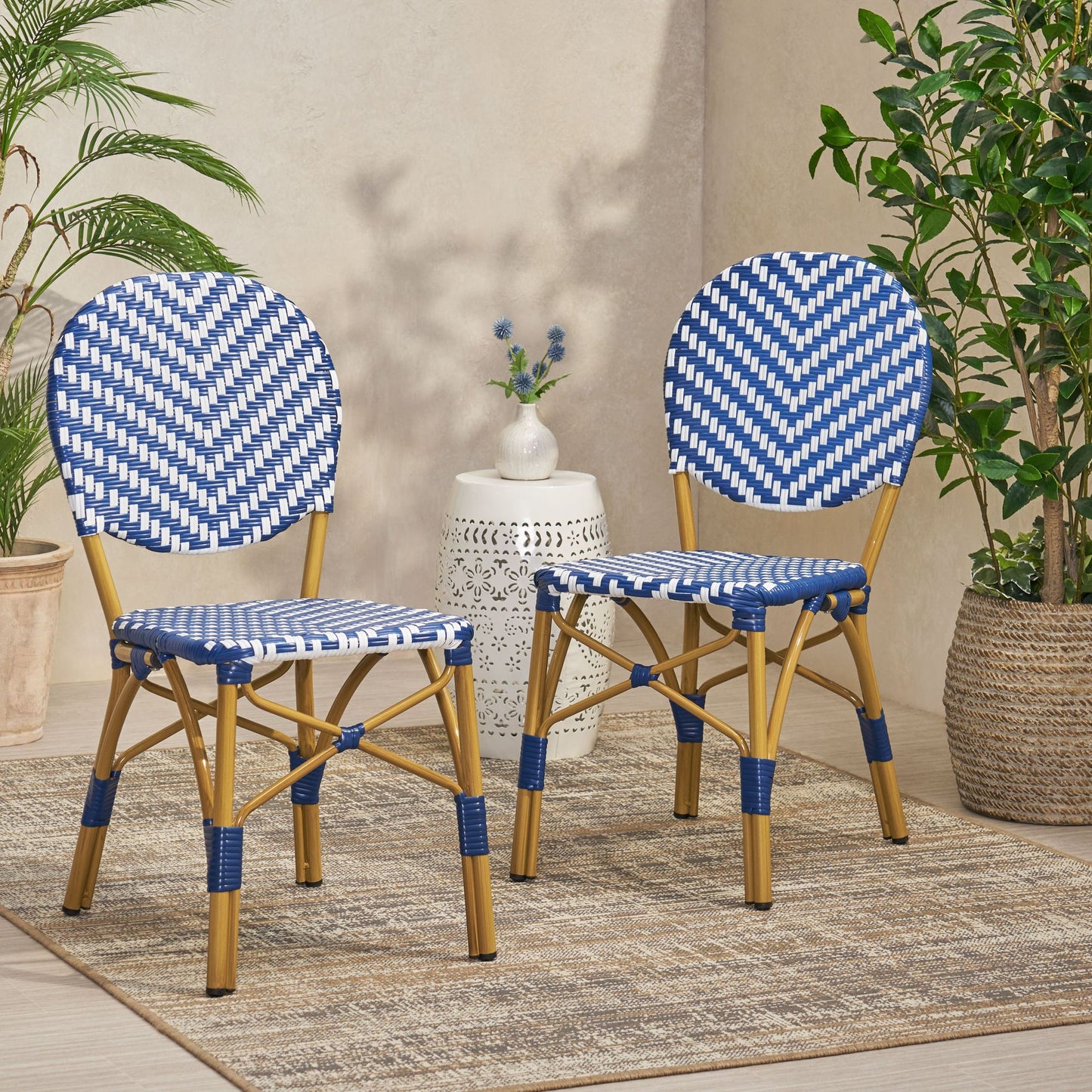 Outdoor PE Ratten and Aluminum French Armless Bistro Chairs, Set of 2, Navy Blue, Bamboo Print Finish image 1
