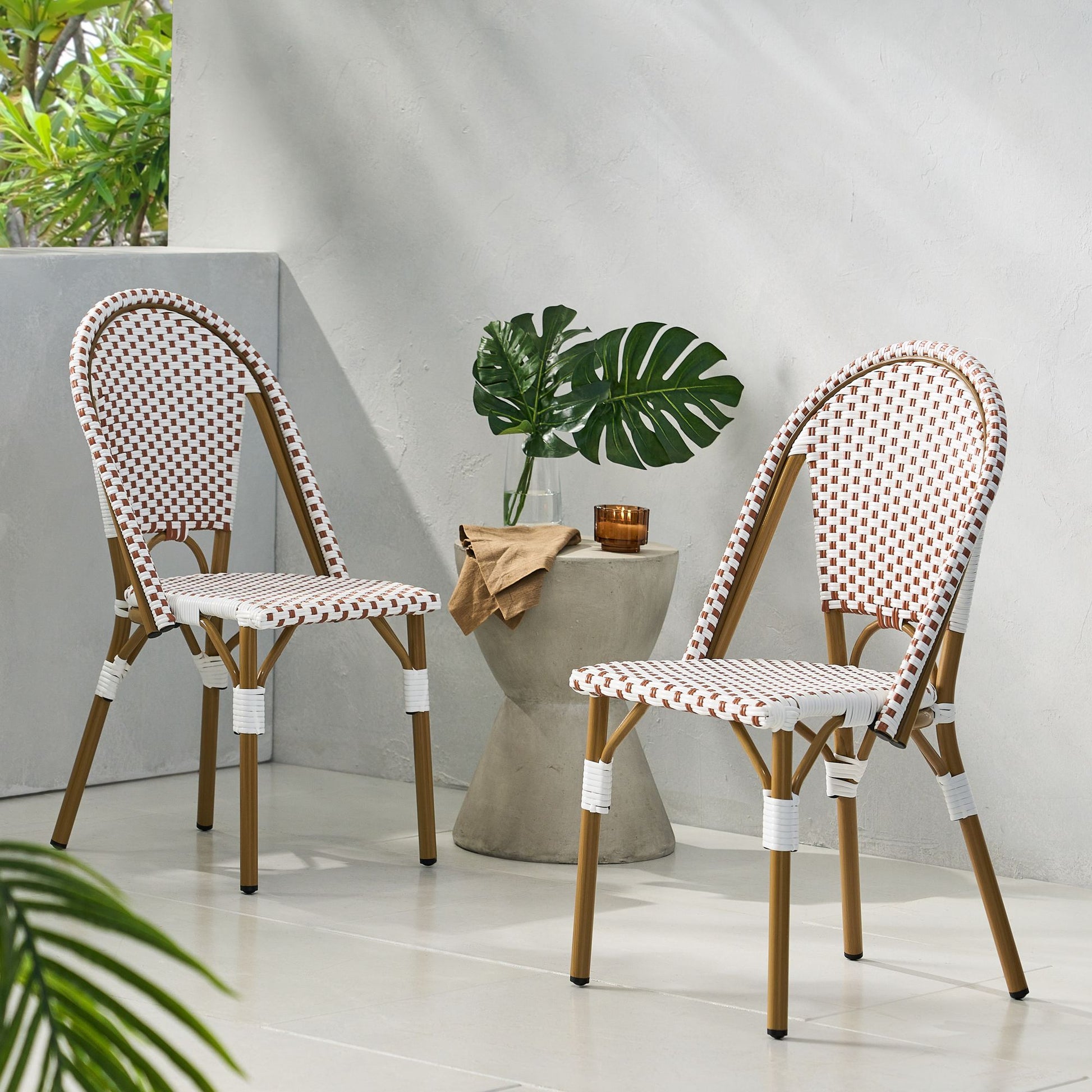 Outdoor PE Ratten and Aluminum French Bistro Chairs, Set of 2, Rusted Red & White, Bamboo Print Finish image 4