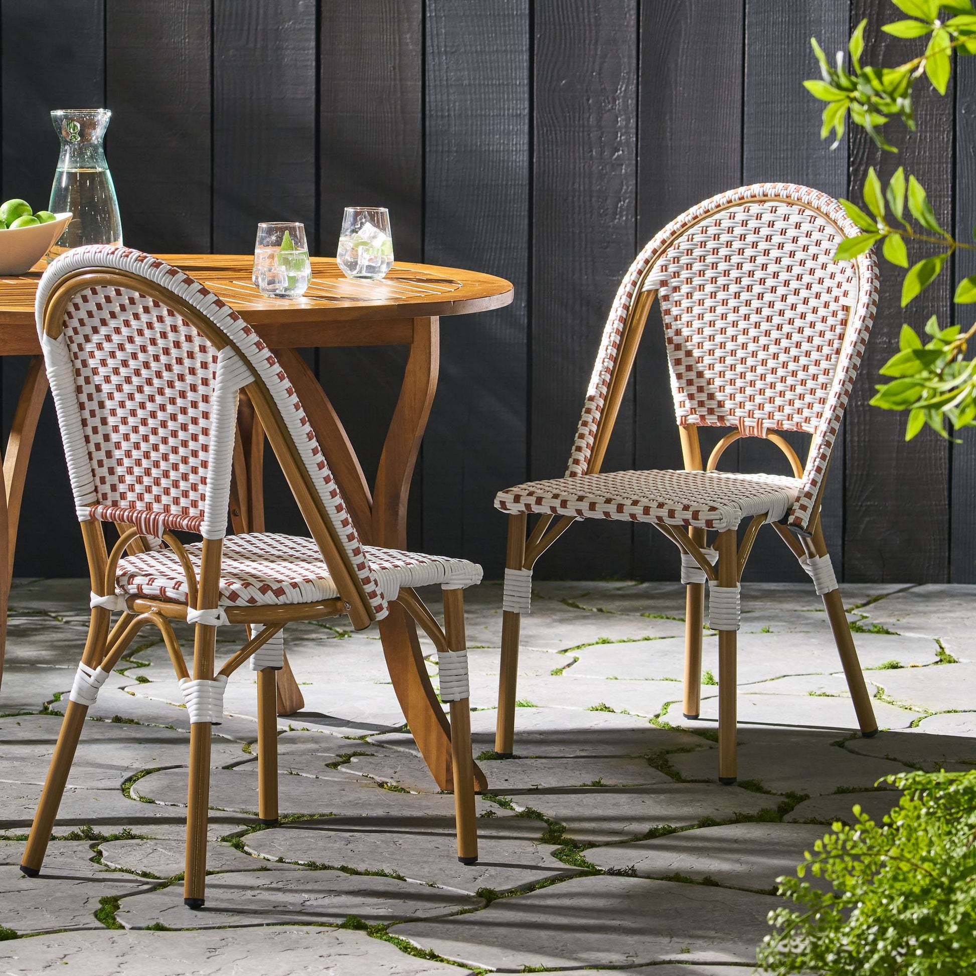 Outdoor PE Ratten and Aluminum French Bistro Chairs, Set of 2, Rusted Red & White, Bamboo Print Finish image 3