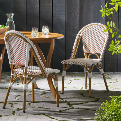 Outdoor PE Ratten and Aluminum French Bistro Chairs, Set of 2, Rusted Red & White, Bamboo Print Finish image 3