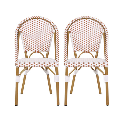 Outdoor PE Ratten and Aluminum French Bistro Chairs, Set of 2, Rusted Red & White, Bamboo Print Finish image 2