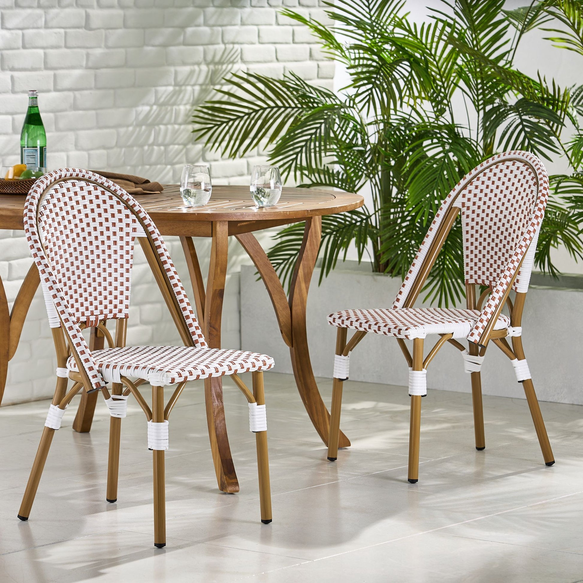 Outdoor PE Ratten and Aluminum French Bistro Chairs, Set of 2, Rusted Red & White, Bamboo Print Finish image 1