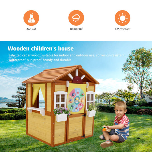Outdoor wooden playhouse for kids with working doors and windows - front view