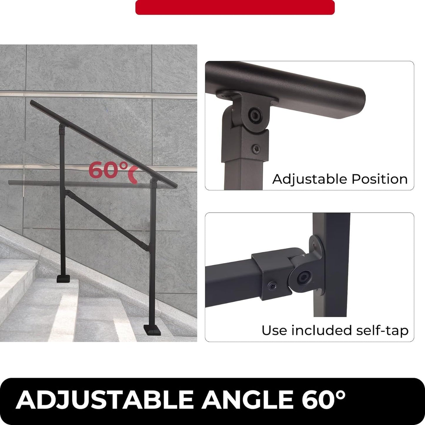 Outdoor Stair Railing,Black Exterior Handrail Adjustable from 0 to 60 Degrees Black Cast Iron Handrails for Outdoor Ramp image 3