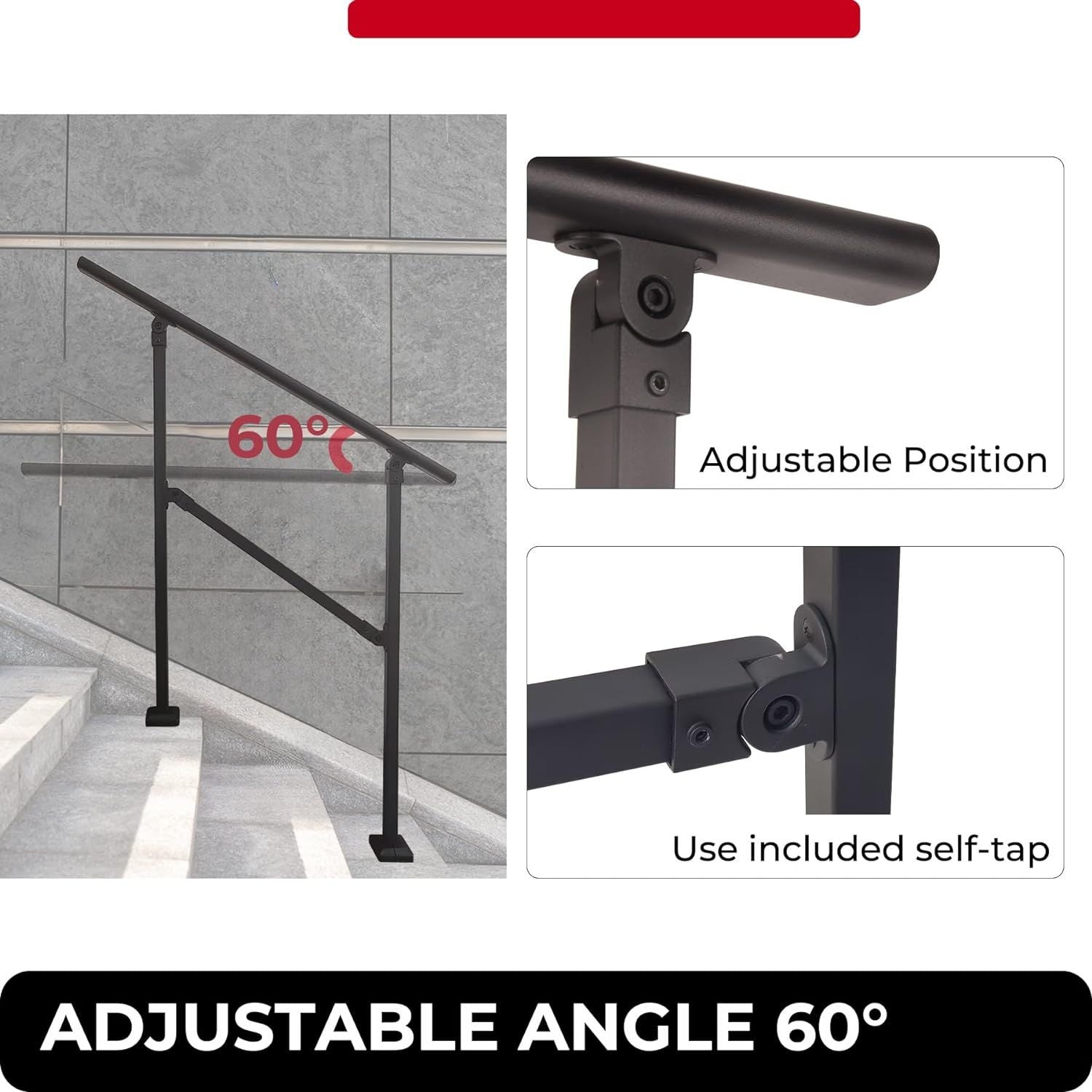 Outdoor Stair Railing,Black Exterior Handrail Adjustable from 0 to 60 Degrees Black Cast Iron Handrails for Outdoor Ramp image 3