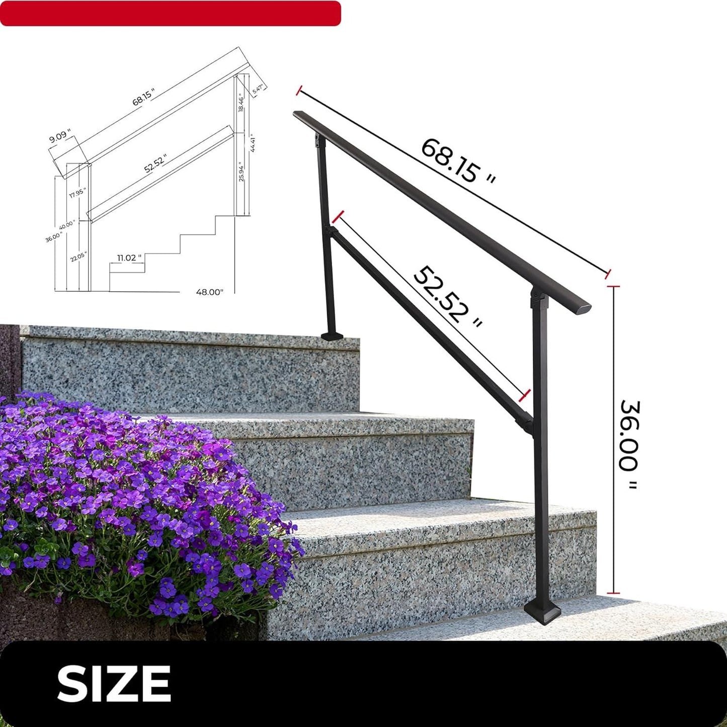 Outdoor Stair Railing,Black Exterior Handrail Adjustable from 0 to 60 Degrees Black Cast Iron Handrails for Outdoor Ramp image 15