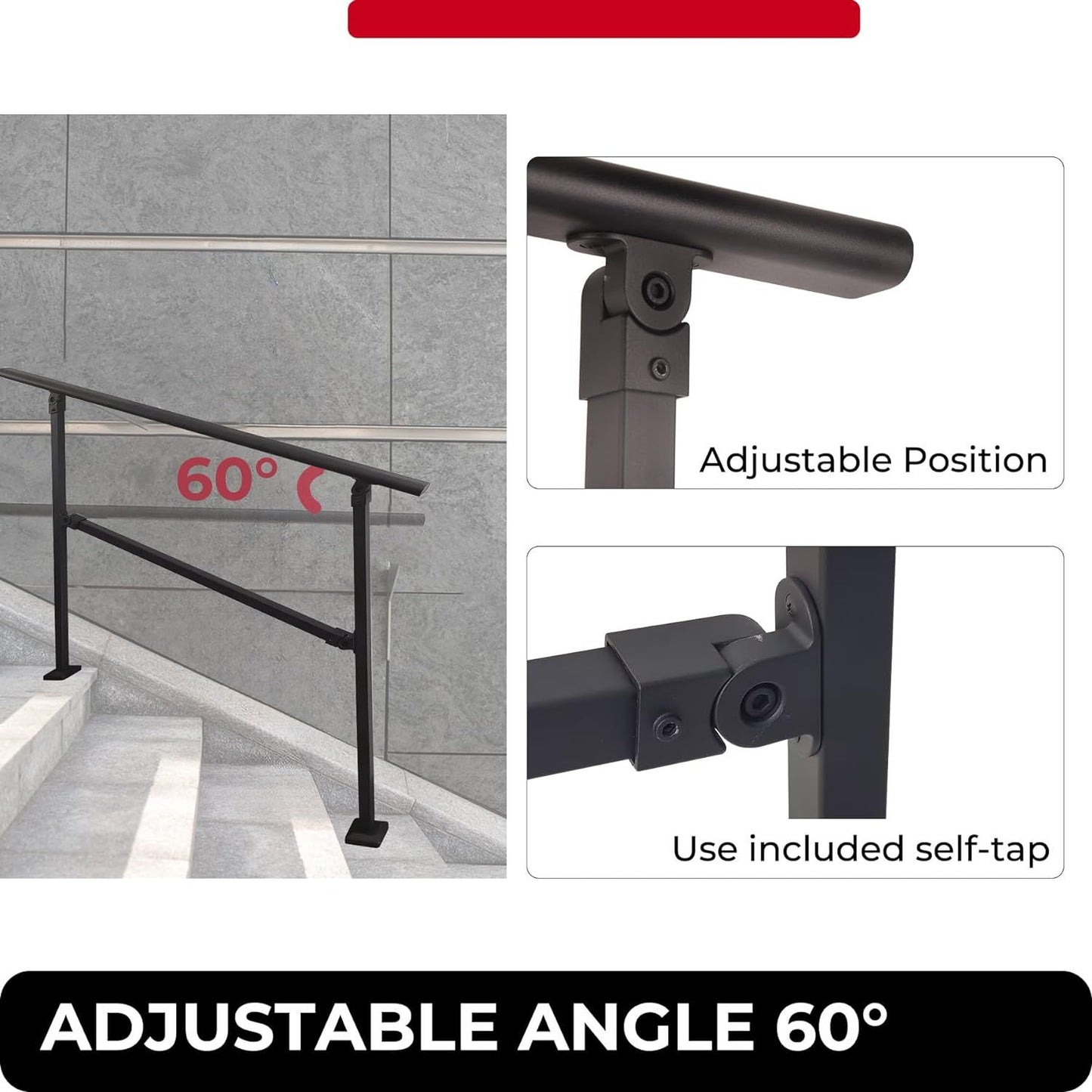 Outdoor Stair Railing,Black Exterior Handrail Adjustable from 0 to 60 Degrees Black Cast Iron Handrails for Outdoor Ramp image 8